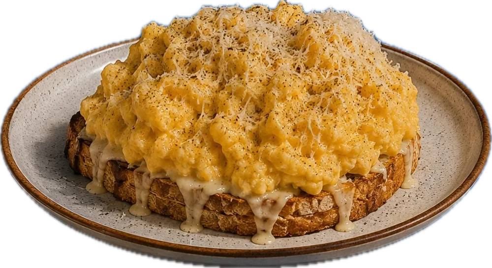 Toast covered in scrambled eggs and grated cheese on a speckled plate