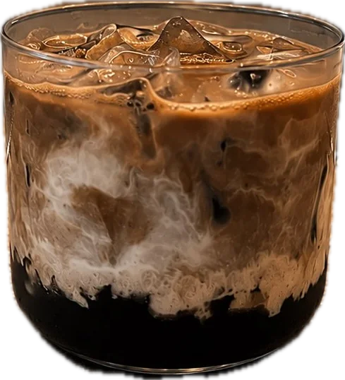 Iced hojicha latte in a short glass