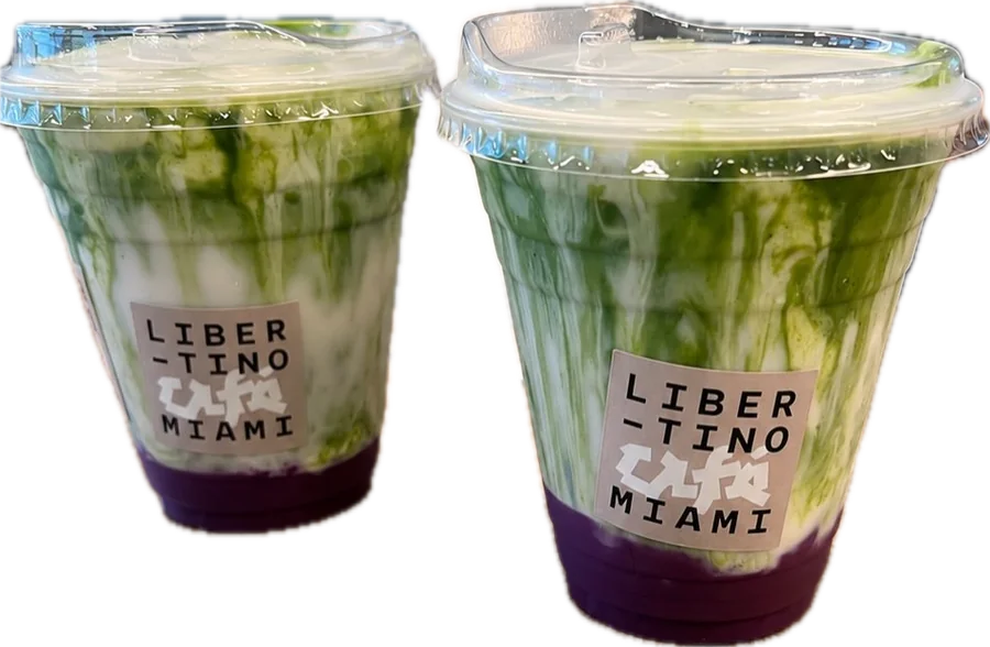 Two iced ube matcha lattes in Libertino cups
