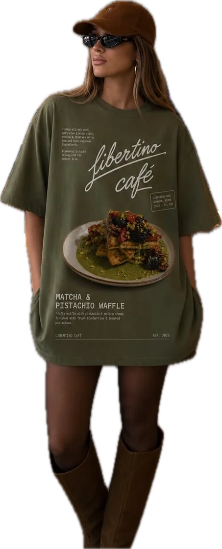 A Libertino Café t-shirt printed with the matcha waffle poster